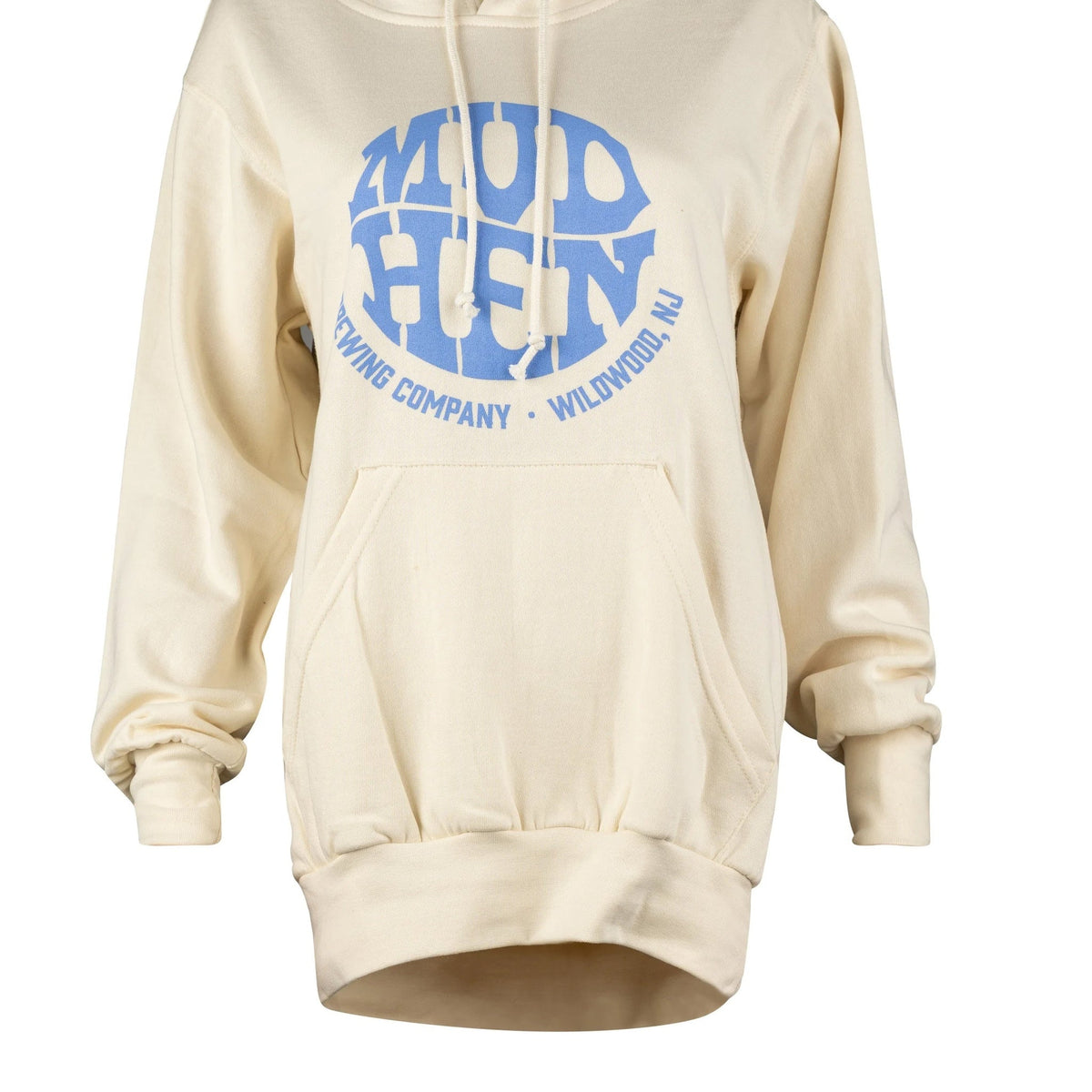 Cream MudHen Circle Logo Hoodie, closeup
