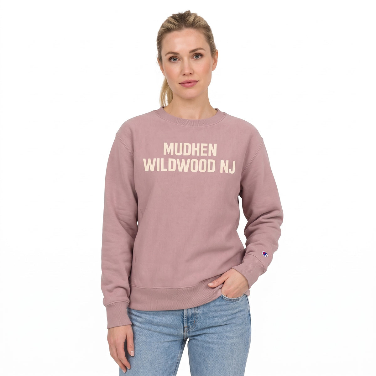 Fleece Crewneck Sweatshirt - Dusty Rose, front, on a woman