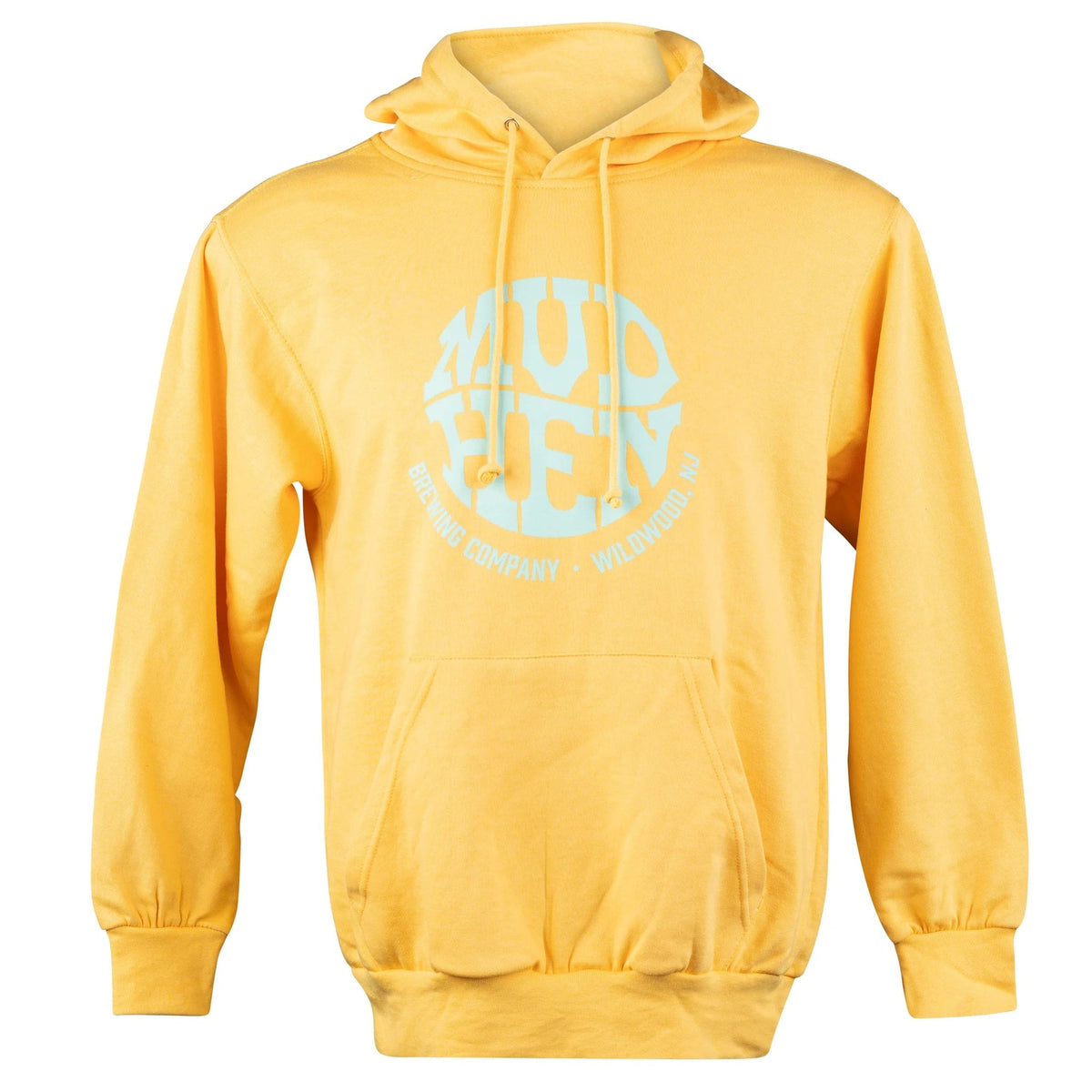 Golden Yellow MudHen Circle Logo Hoodie, closeup