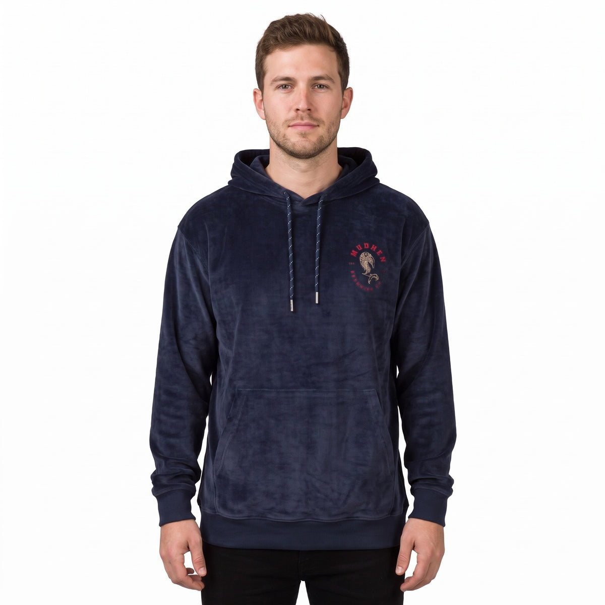 Henry Logo Corded Hoodie - Spring Navy, front, on a man