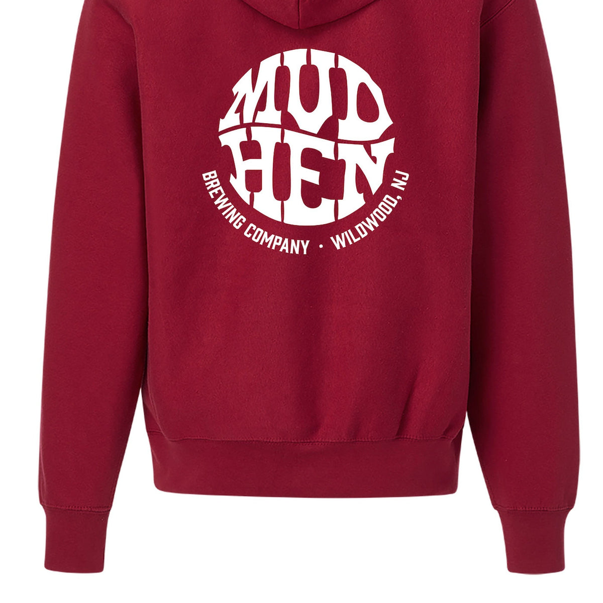Maroon MudHen Circle Logo Hoodie, closeup