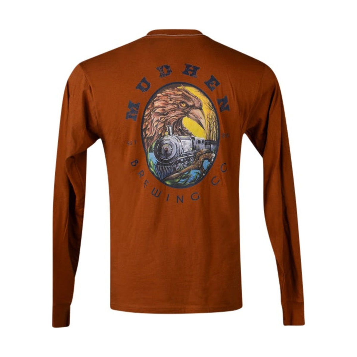 Back of the 1883 Train Pocket LS in Acorn with the MudHen eagle and train print