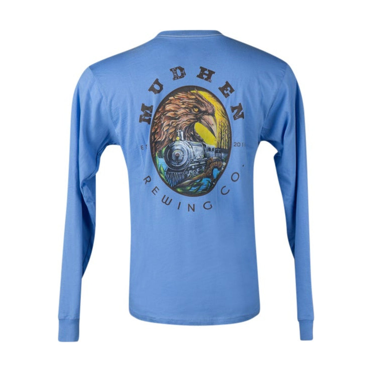 Back of the 1883 Train Pocket LS in Power Blue with the MudHen eagle and train print