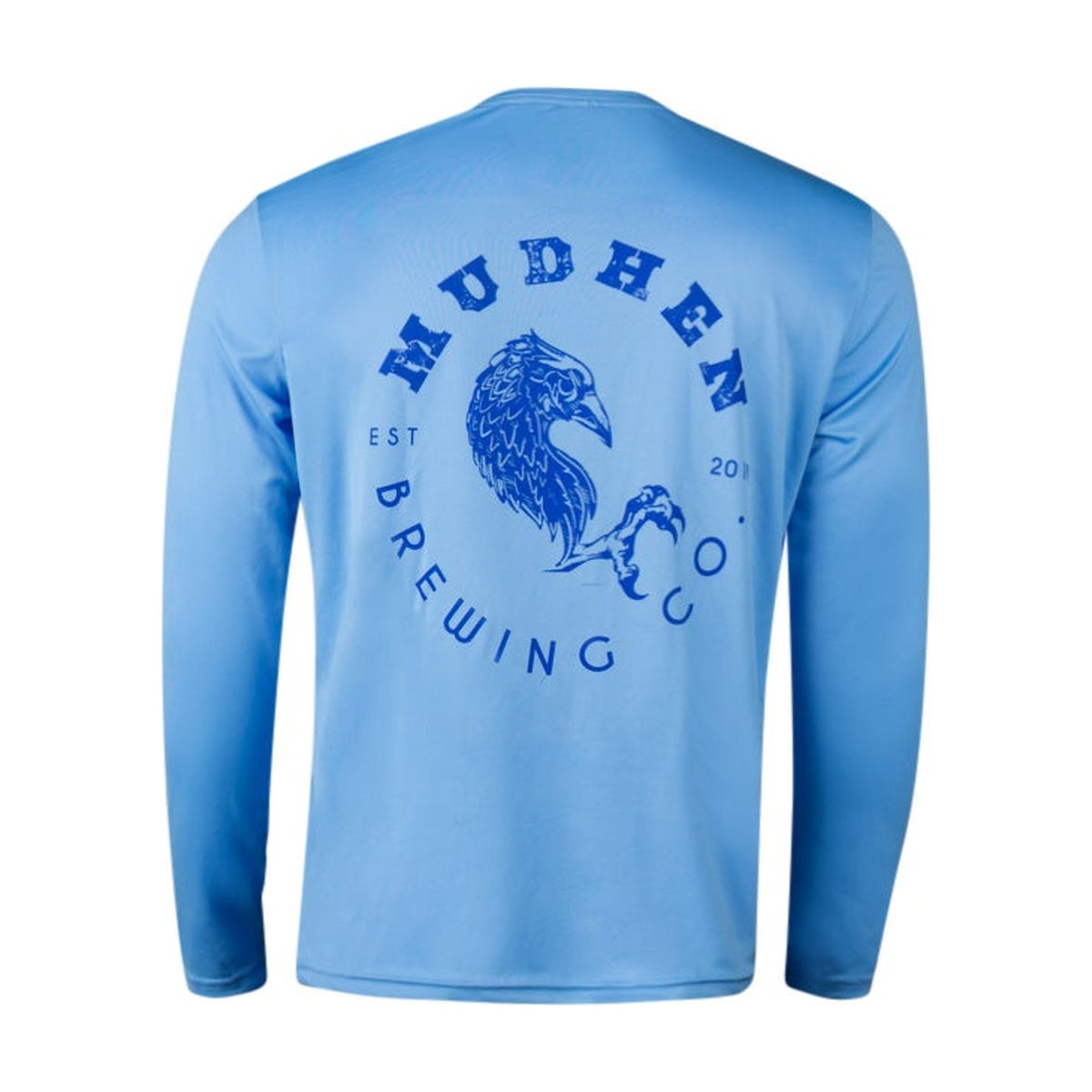 Back of the Men's Hen Circle Logo LS in Columbia Blue with the MudHen Brewing Co circle logo