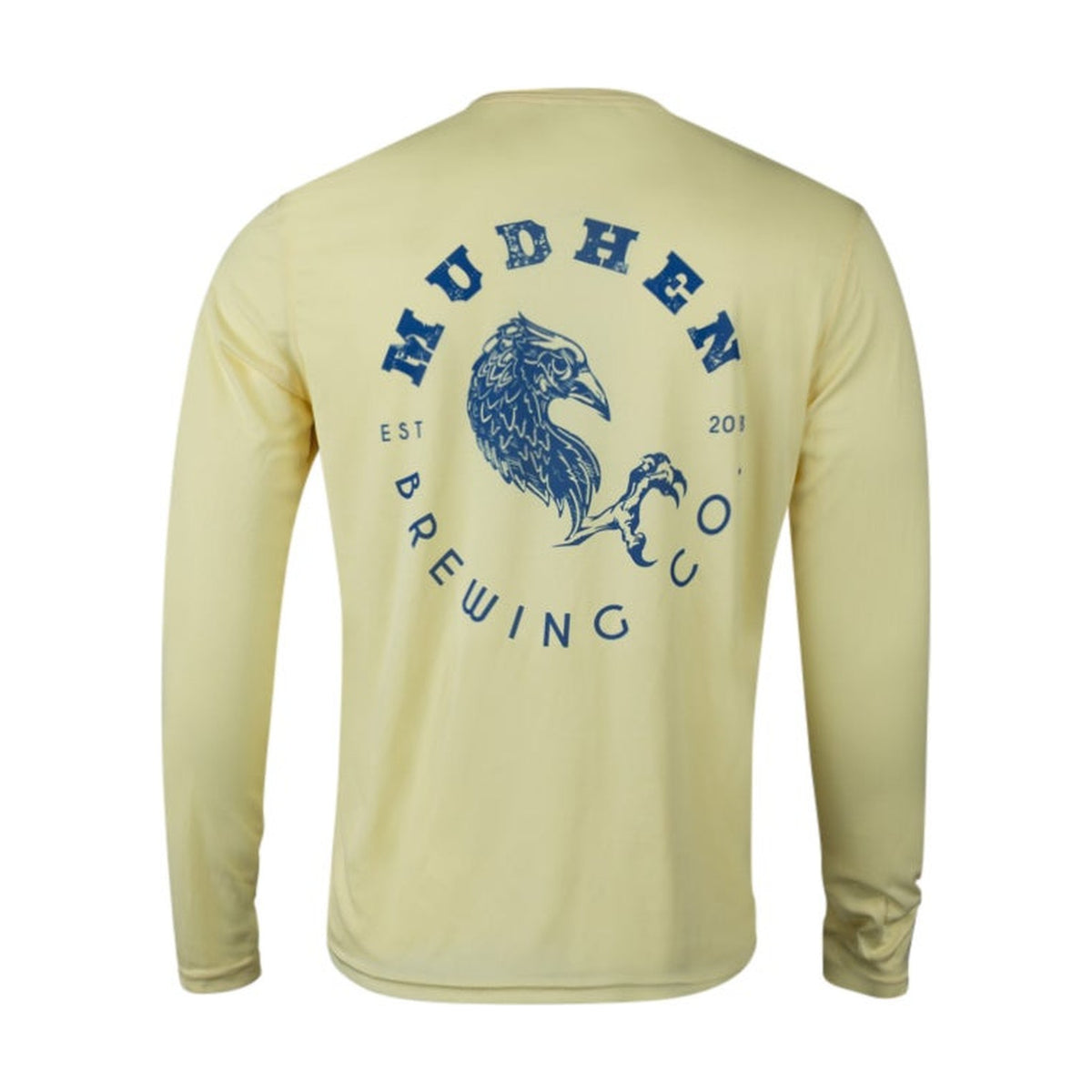 Back of the Men's Hen Circle Logo LS in Pale Yellow with the MudHen Brewing Co circle logo