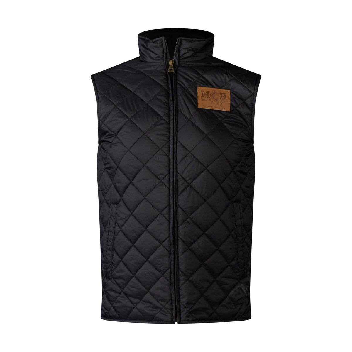 Black quilted vest with the MudHen leather patch