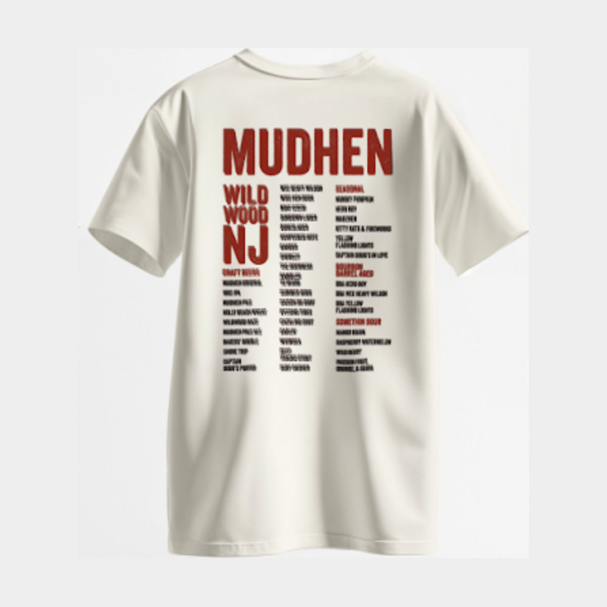 Back of the white MudHen Wildwood Rock Tee with the MudHen beer list