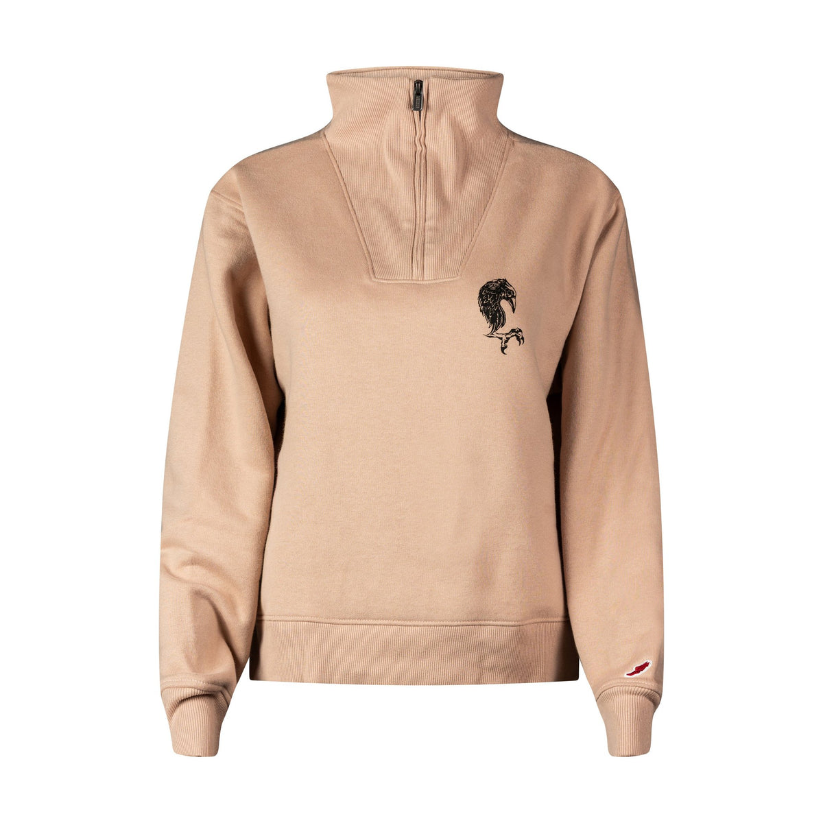 Womens Quarter Zip Hoodie in Dusty Rose with the MudHen raven logo