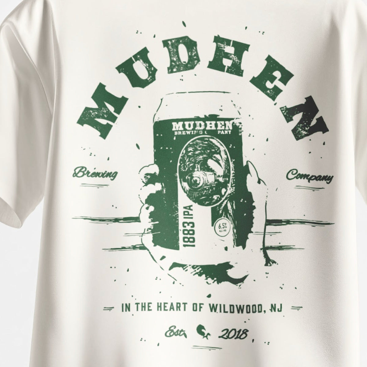 MudHen 1883 IPA Graphic Tee — Cream & Green, closeup