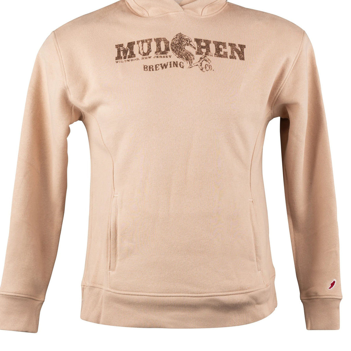 MudHen Brewing Co. Taupe Hoodie, closeup