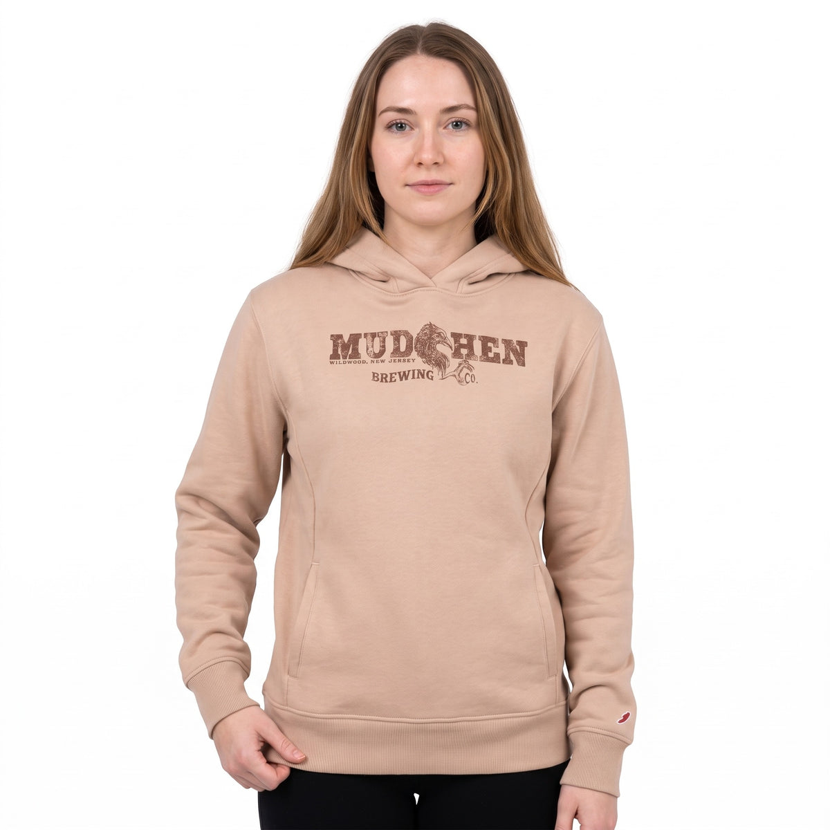 MudHen Brewing Co. Taupe Hoodie, front, on a woman