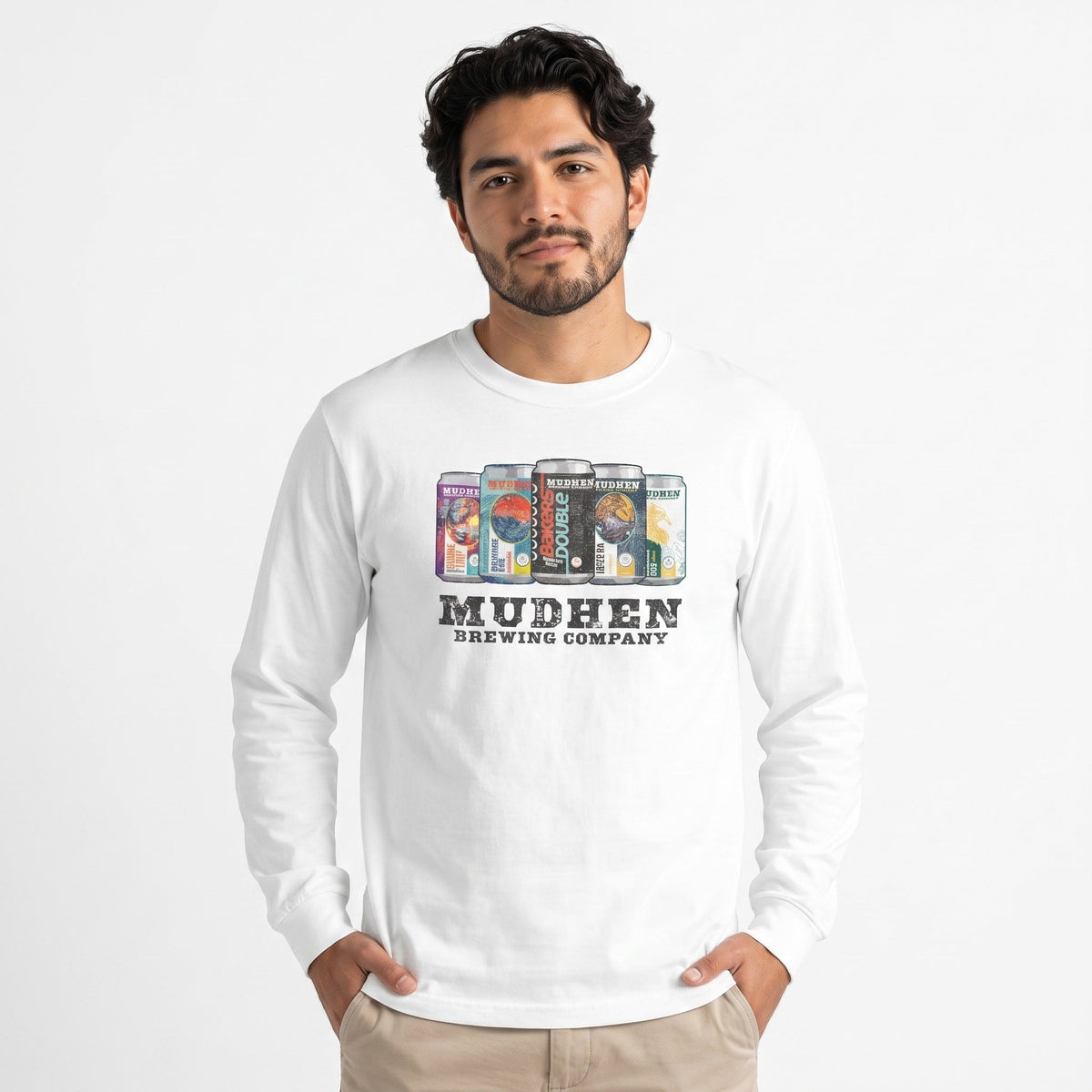 MudHen Can Lineup Long Sleeve Tee — White, front