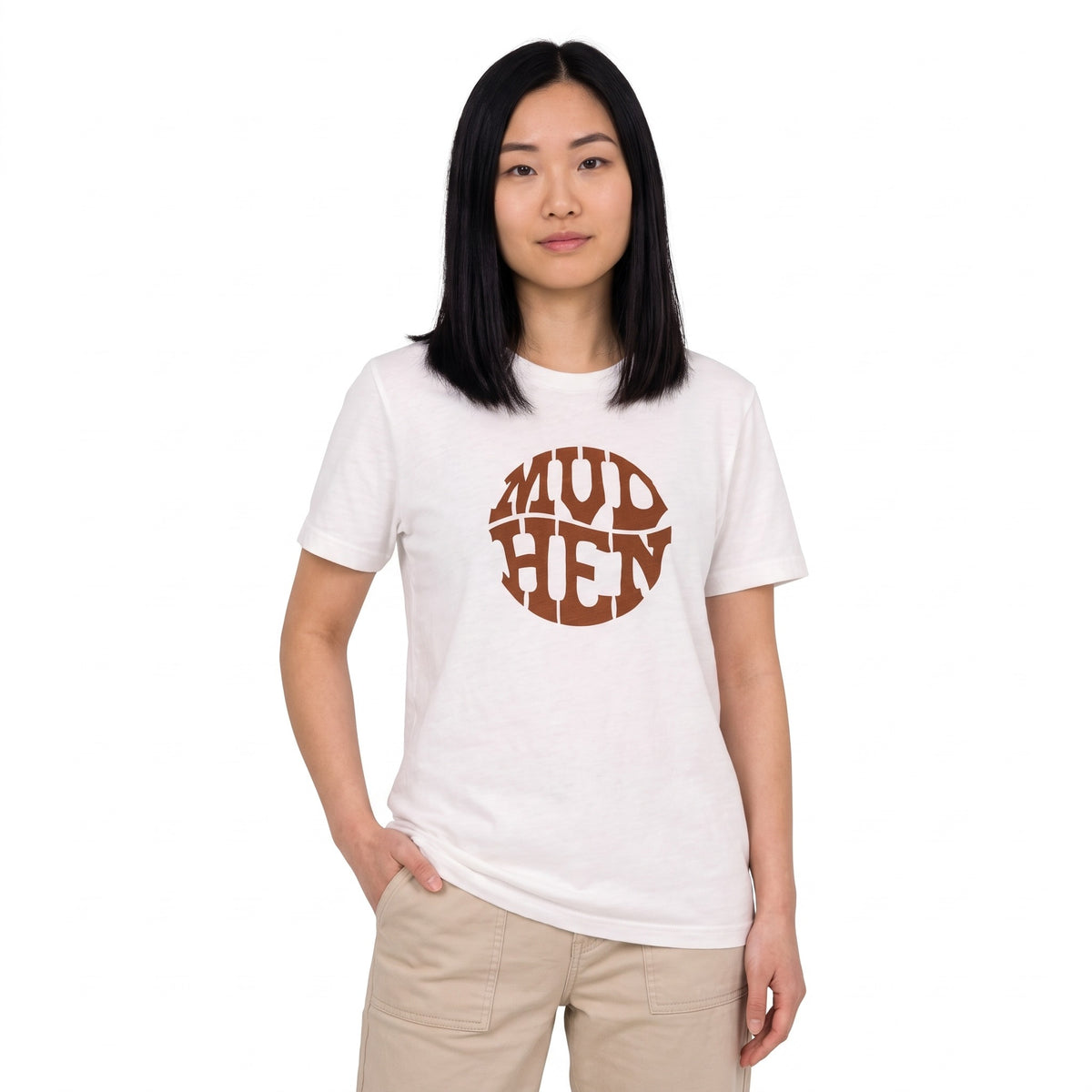 Mudhen Circle Logo Washed Vintage Tee - White, front, on a woman