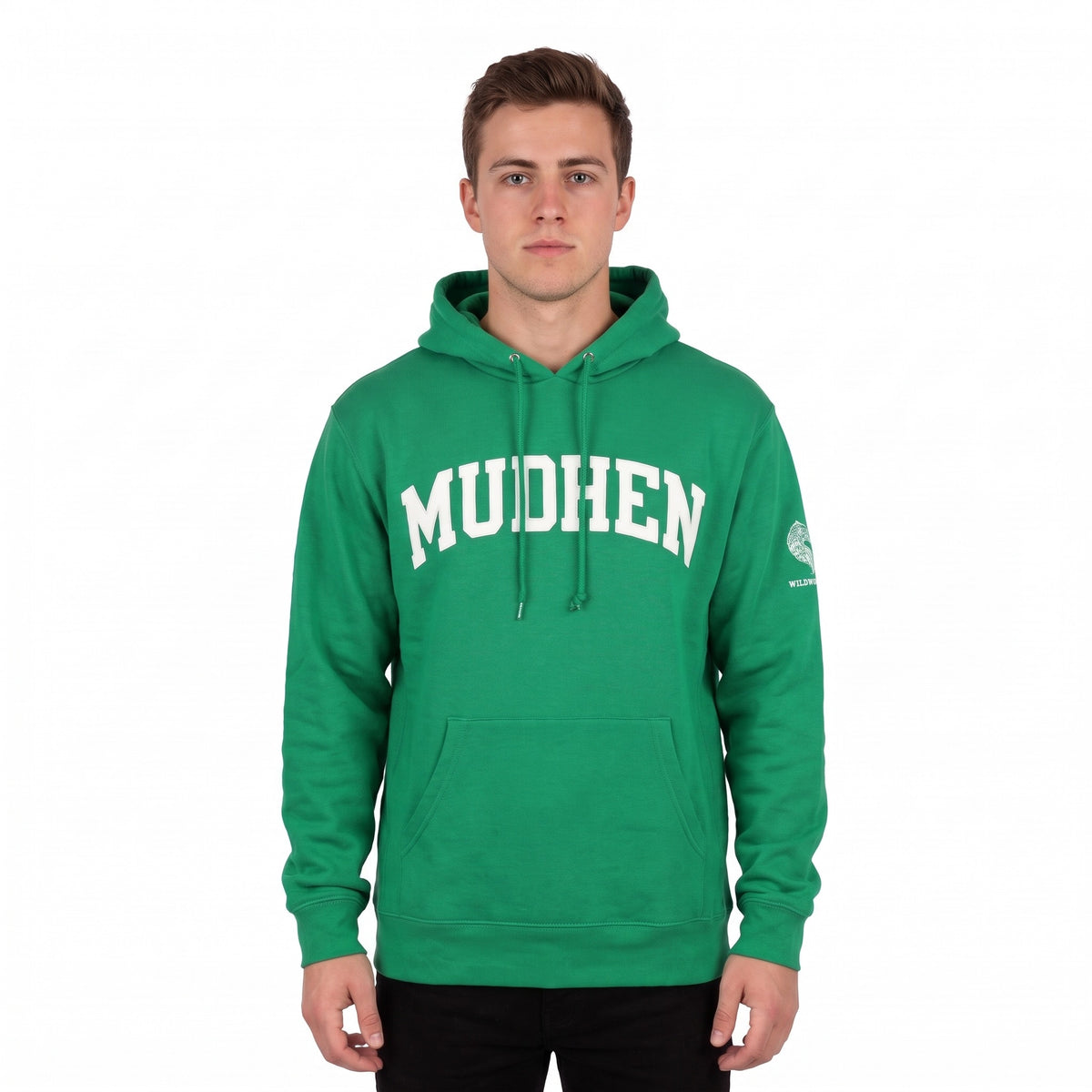 Mudhen Hamden Hoodie - Kelly Green, front with the side hen logo