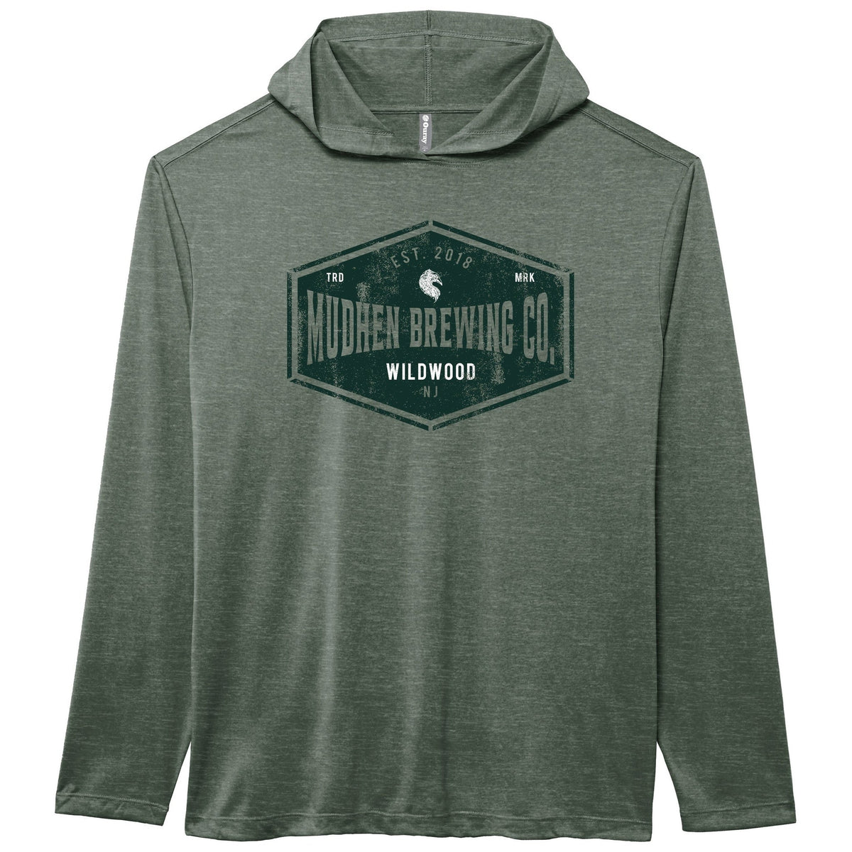 MudHen Lightweight Hooded Long Sleeve - Heather Green, closeup
