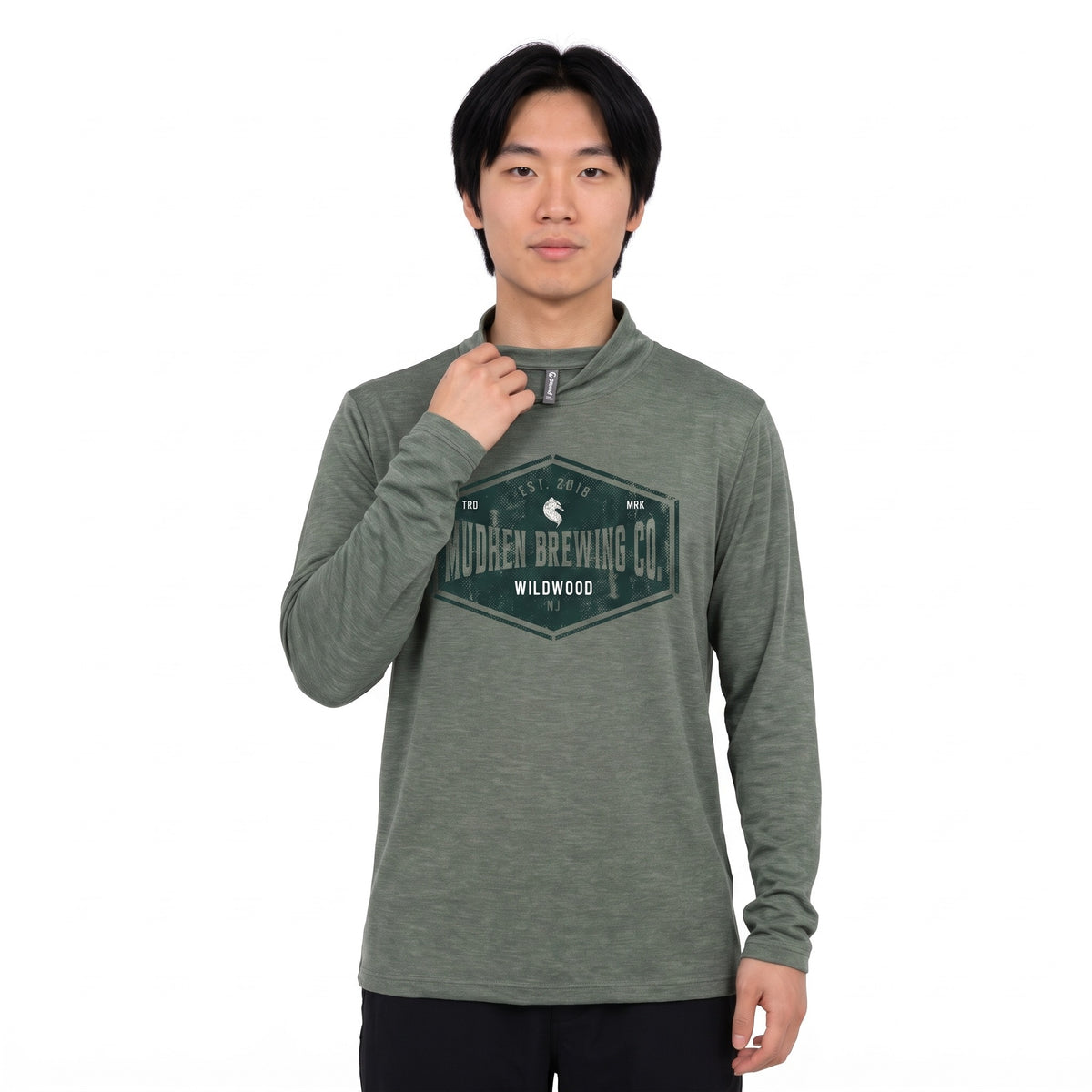 MudHen Lightweight Hooded Long Sleeve - Heather Green, front, on a man