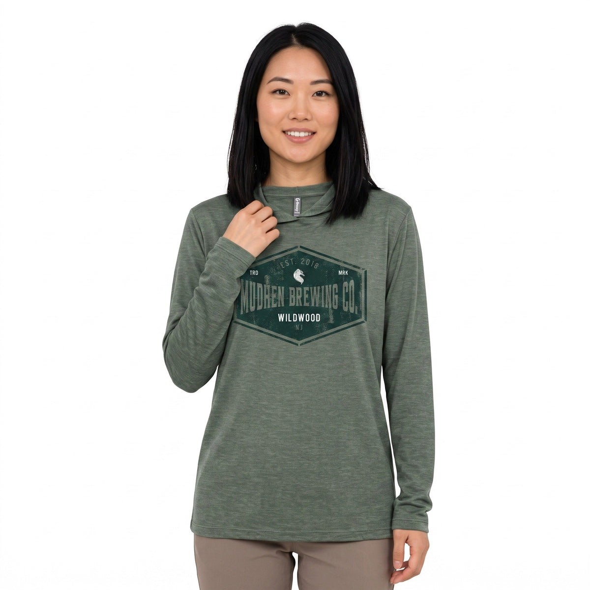 MudHen Lightweight Hooded Long Sleeve - Heather Green, front