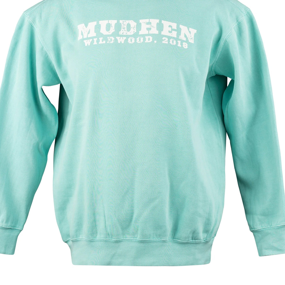 MudHen Logo Crewneck - Lagoon Blue, closeup