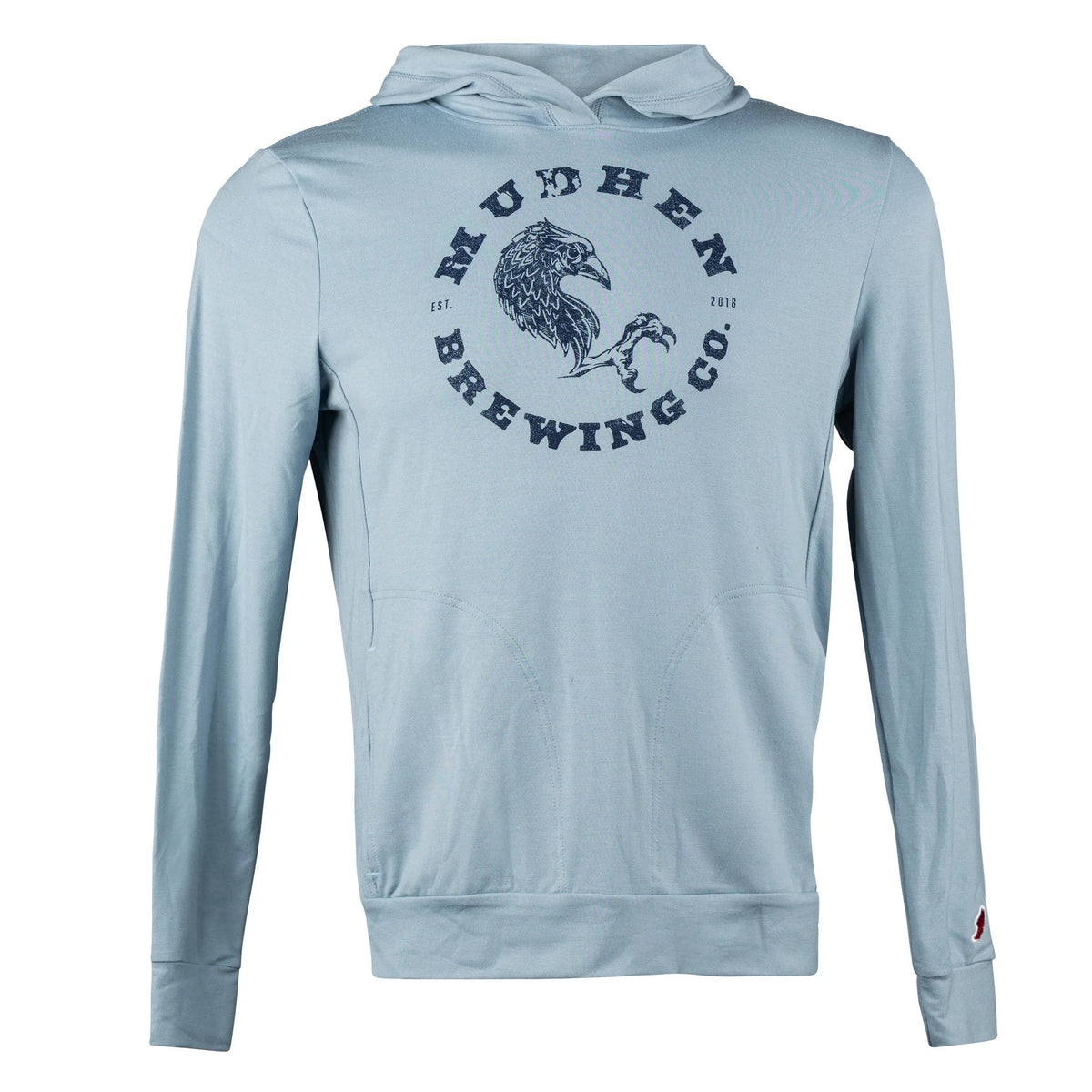MudHen Logo Mens Hoody - Riviera, closeup