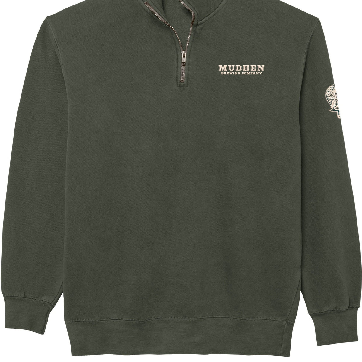 MudHen Quarter-Zip Crewneck - Forest Green, closeup