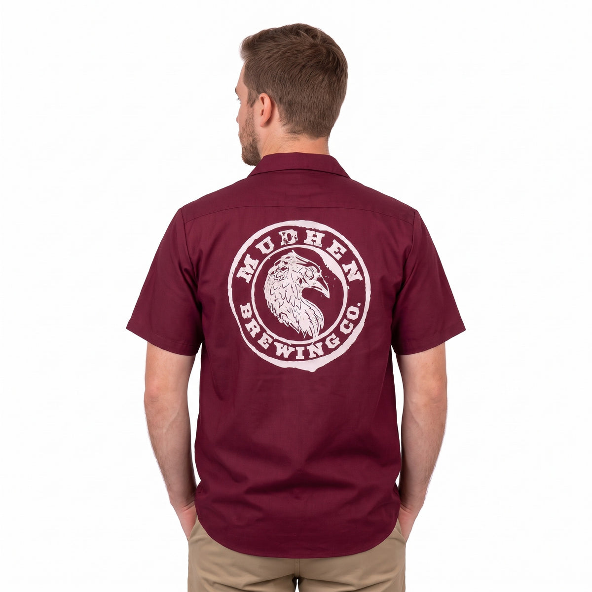 MudHen Shirt - Burgundy, back, on a man