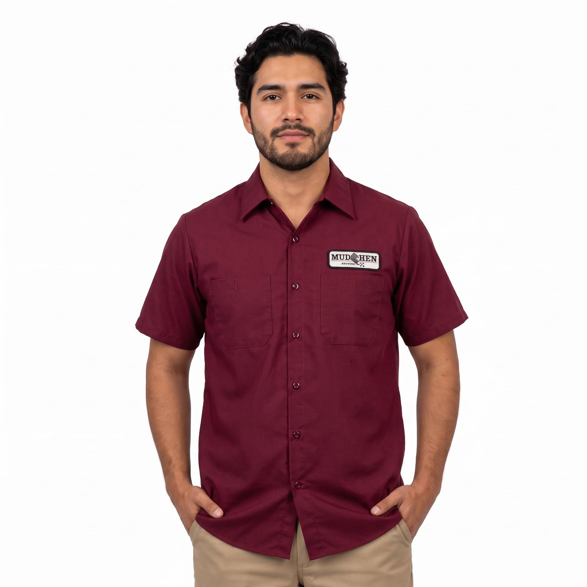MudHen Shirt - Burgundy, front, on a man