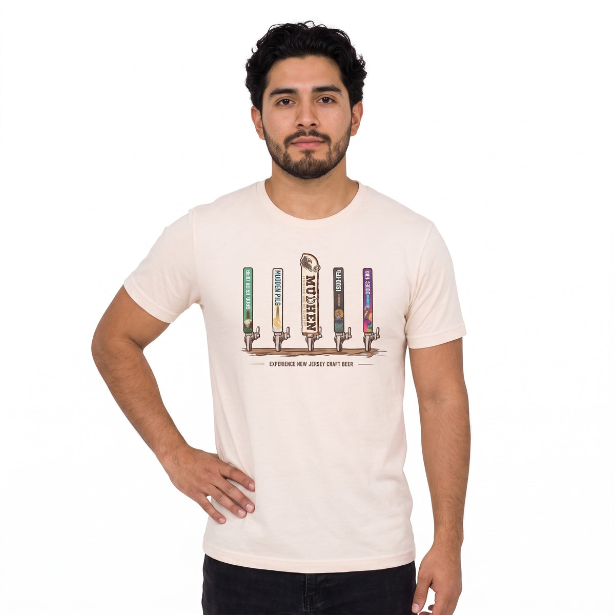MudHen Tap Handle Tee — Cream, front, on a man