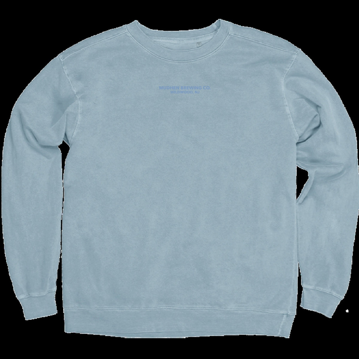 MudHen Washed Crewneck — Denim Blue, closeup