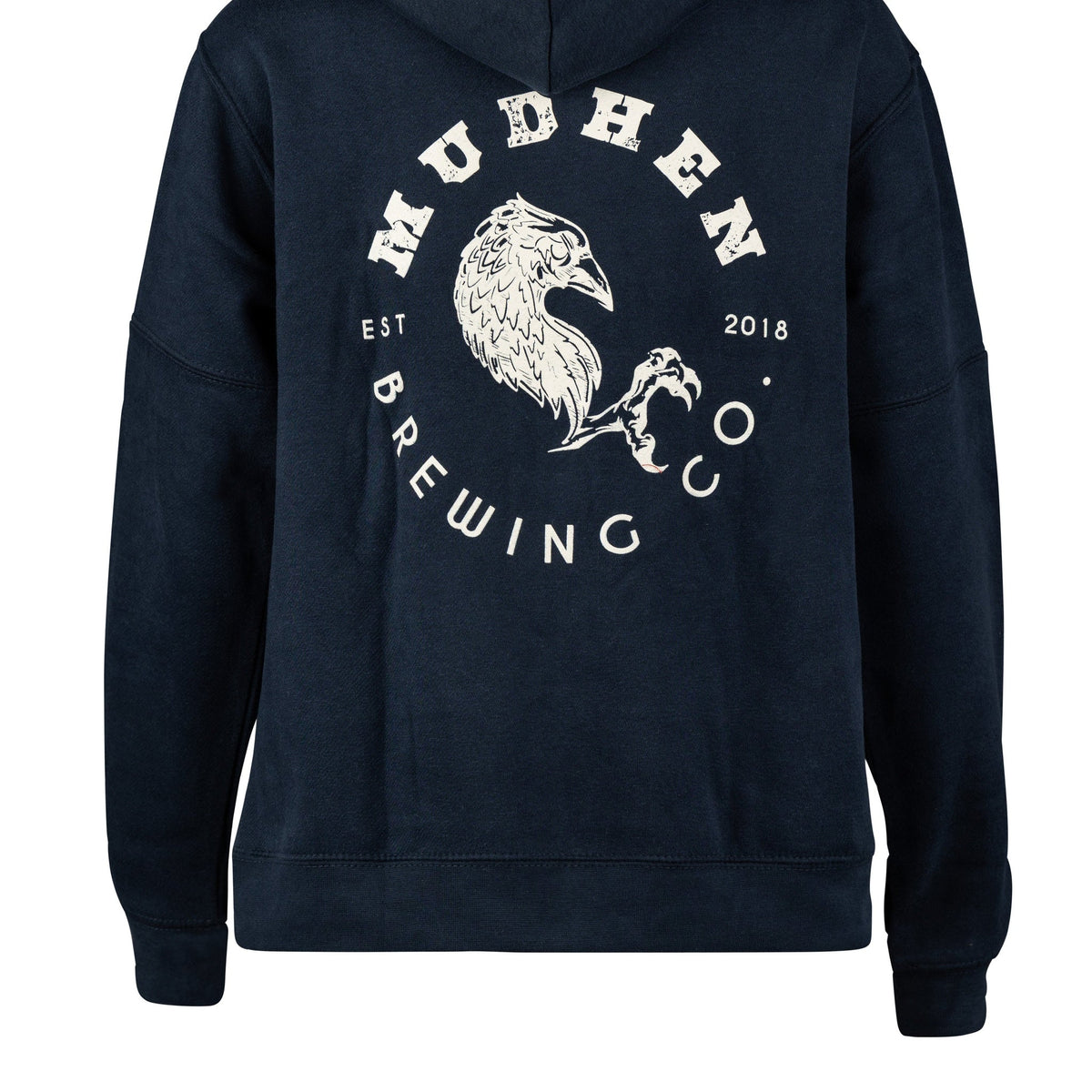 Navy MudHen Brewing Co. Full-Zip Hoodie, closeup
