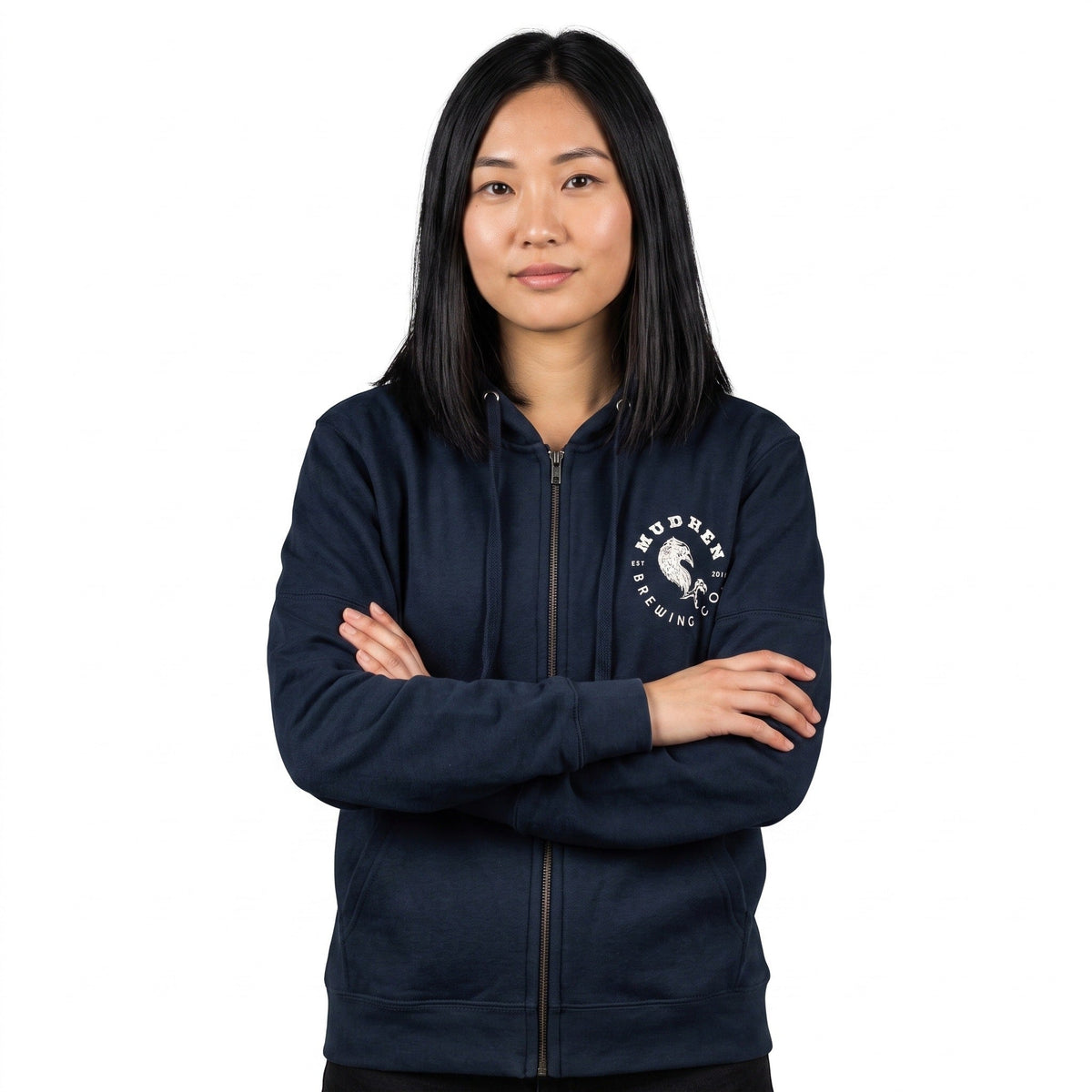 Navy MudHen Brewing Co. Full-Zip Hoodie, front