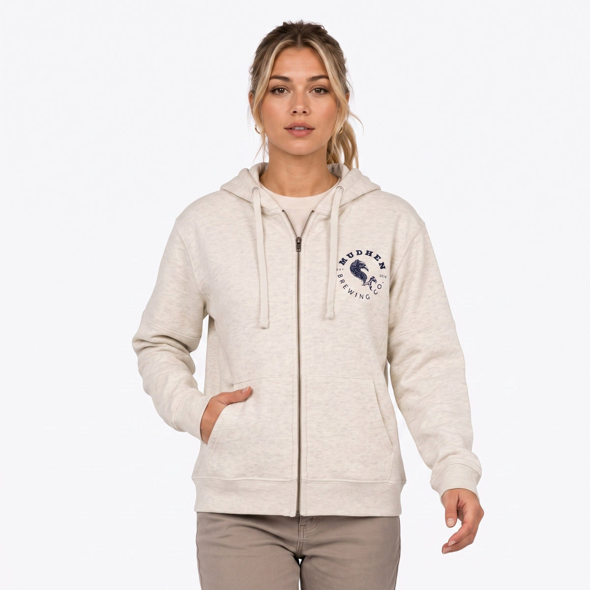 Oatmeal MudHen Brewing Co. Full-Zip Hoodie, front