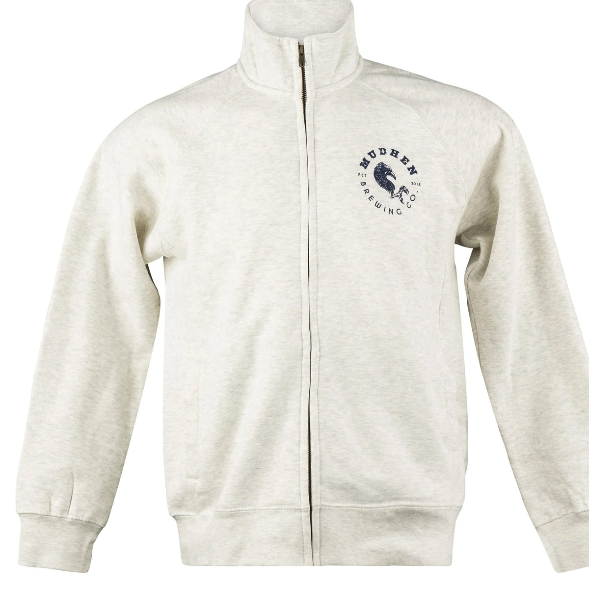 Oatmeal MudHen Brewing Co. Full-Zip Jacket, closeup