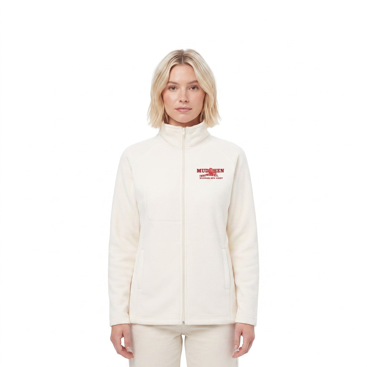 Women Fleece Zip Jacket - Creme/Maroon, front