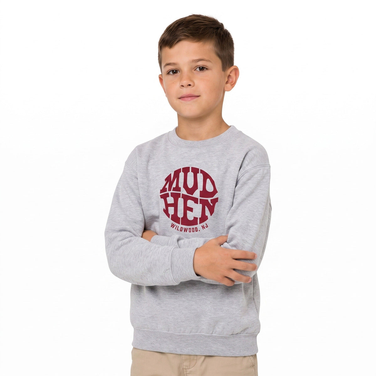 Youth MudHen Crewneck – Heather Gray, front