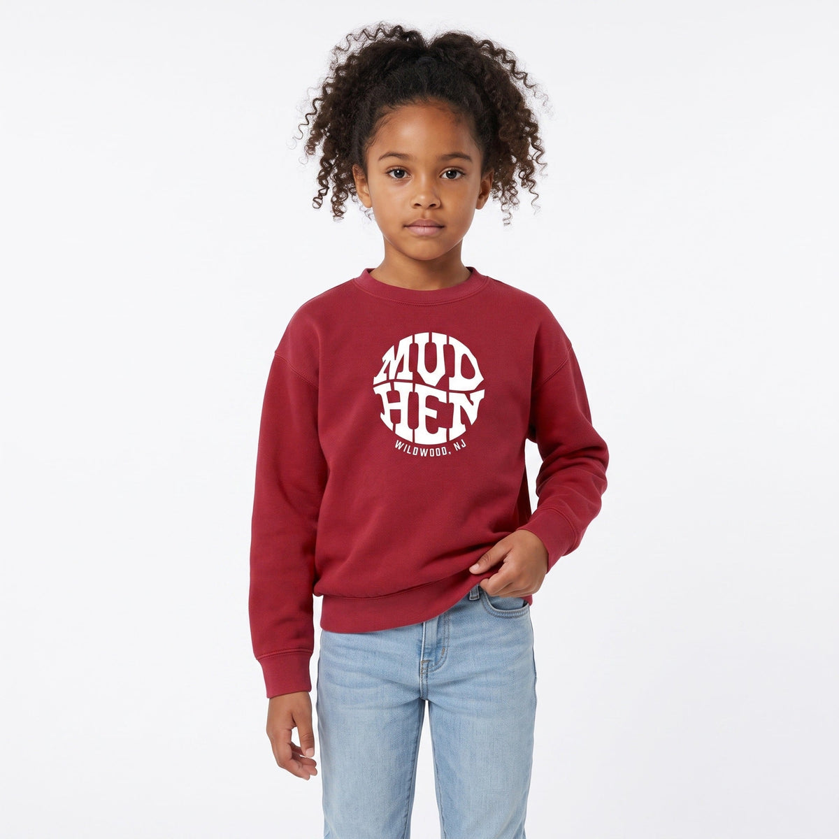Youth MudHen Crewneck – Maroon, front